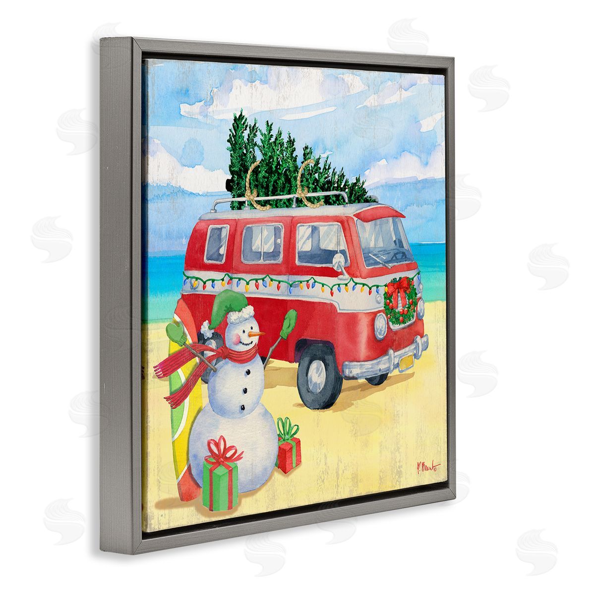 Paul Brent Christmas Beach Nautical Van Gray Floating Frame Canvas Wall Art Print
