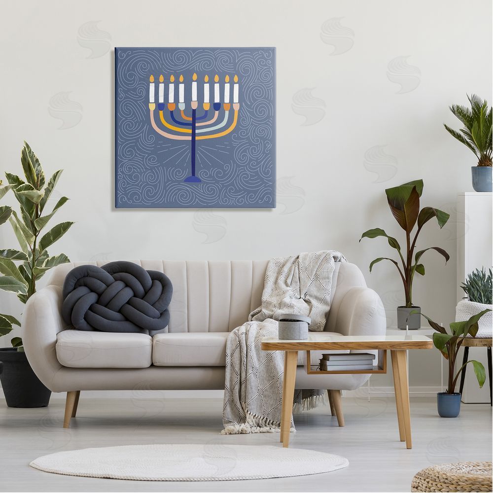 Lady Louise Designs Patterned Hanukkah Menorah Swirls Canvas Wall Art in Room