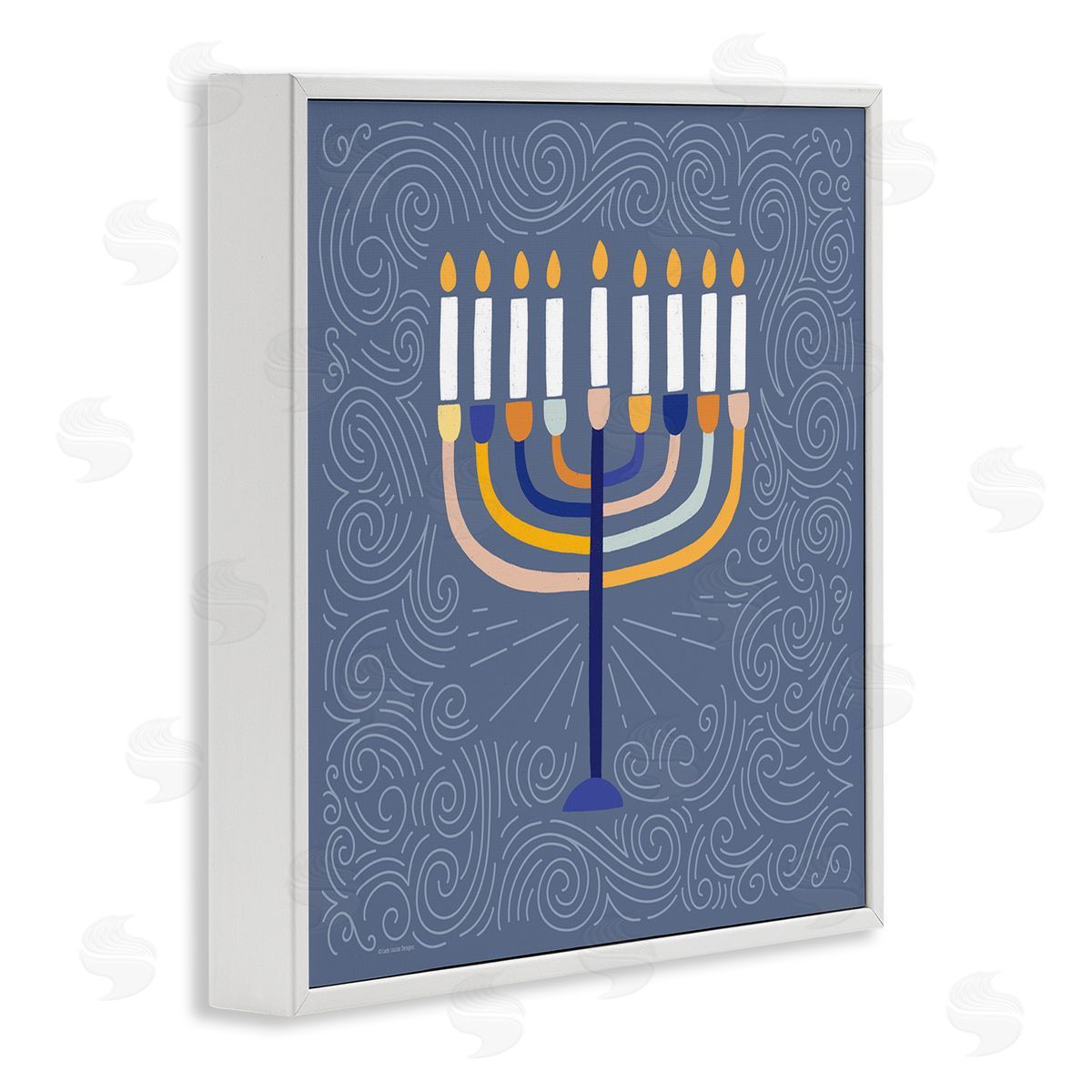 Lady Louise Designs Patterned Hanukkah Menorah Swirls White Framed Glicee Wall Art Print