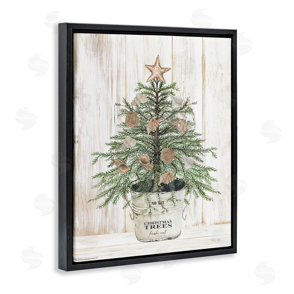 Rustic Seashell Christmas Tree Black Floating Frame Canvas Wall Art, Home Decor by Cindy Jacobs