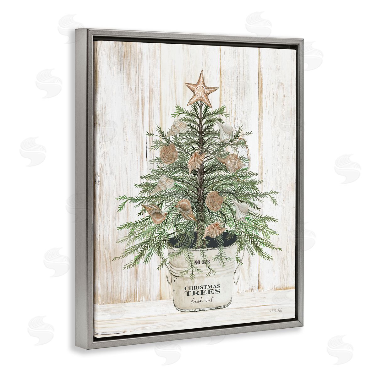 Rustic Seashell Christmas Tree Grey Floating Frame Canvas Wall Art, Home Decor by Cindy Jacobs