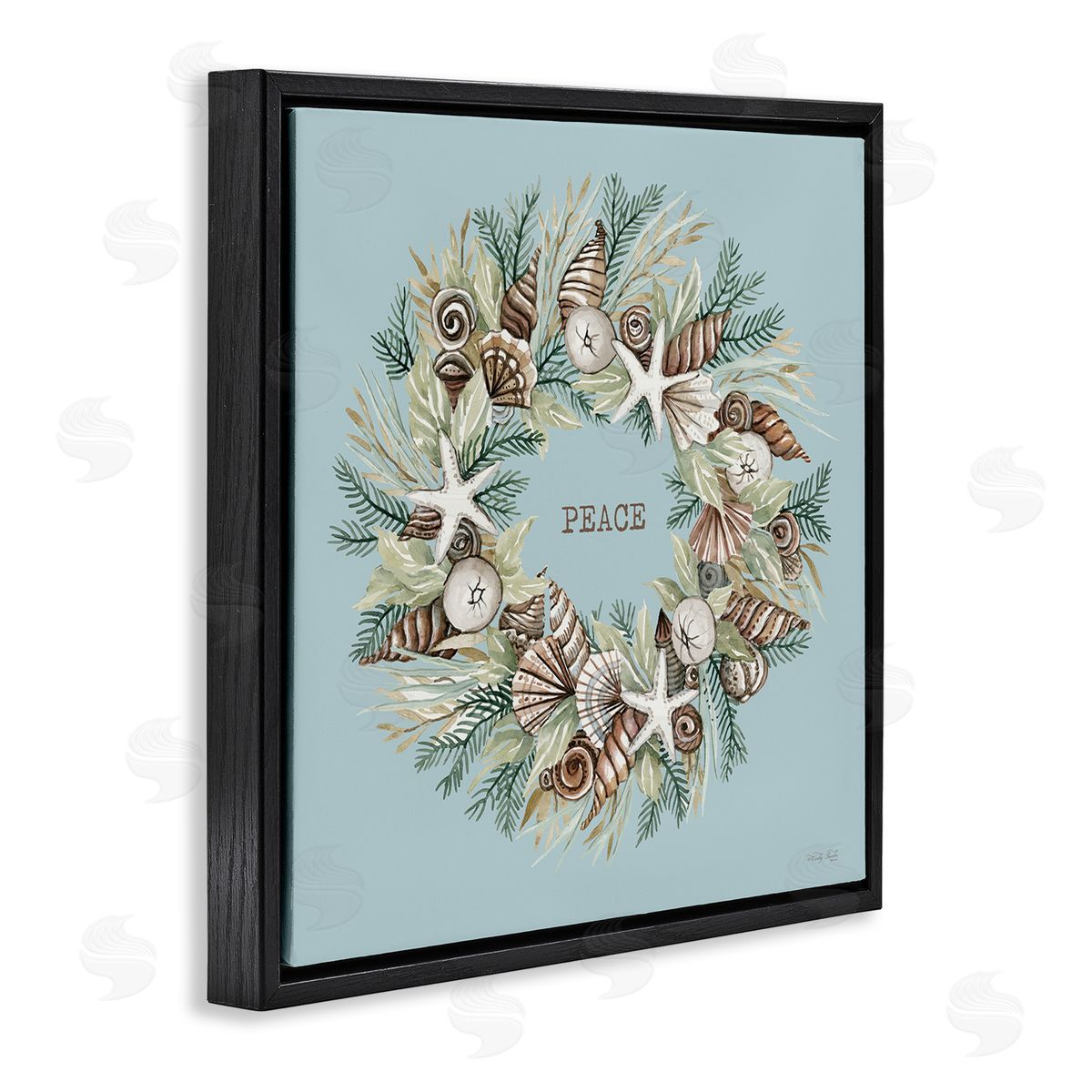 Cindy Jacobs Coastal Holiday Peace Wreath Black Floating Frame Canvas Wall Art Print