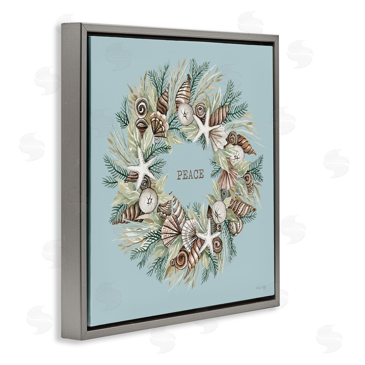Cindy Jacobs Coastal Holiday Peace Wreath Gray Floating Frame Canvas Wall Art Print