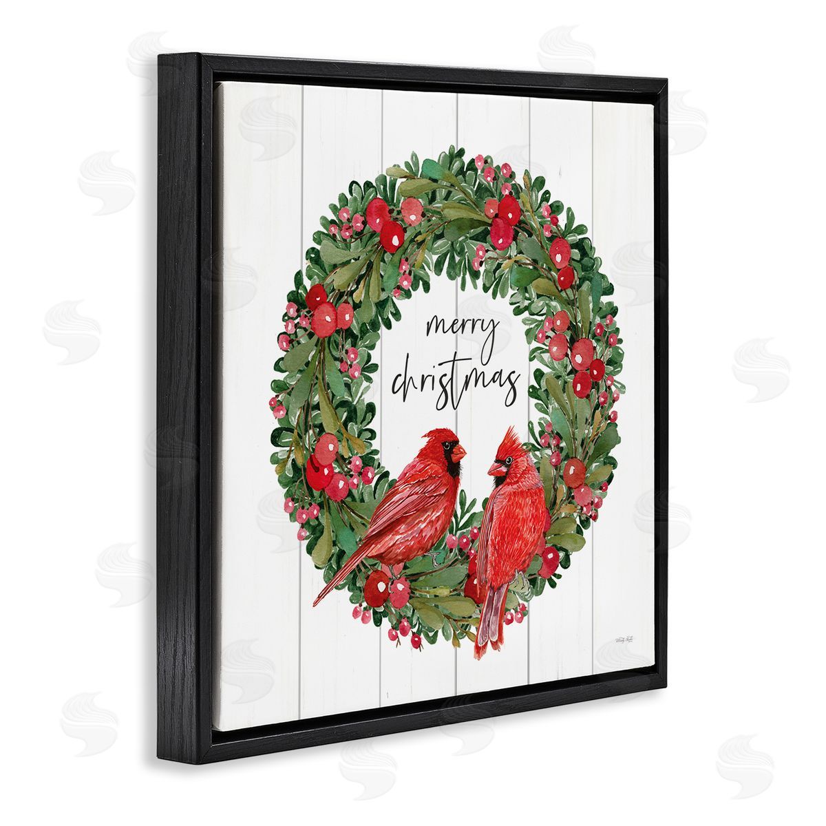 Cindy Jacobs Merry Christmas Red Cardinal Wreath Black Floating Frame Canvas Wall Art Print