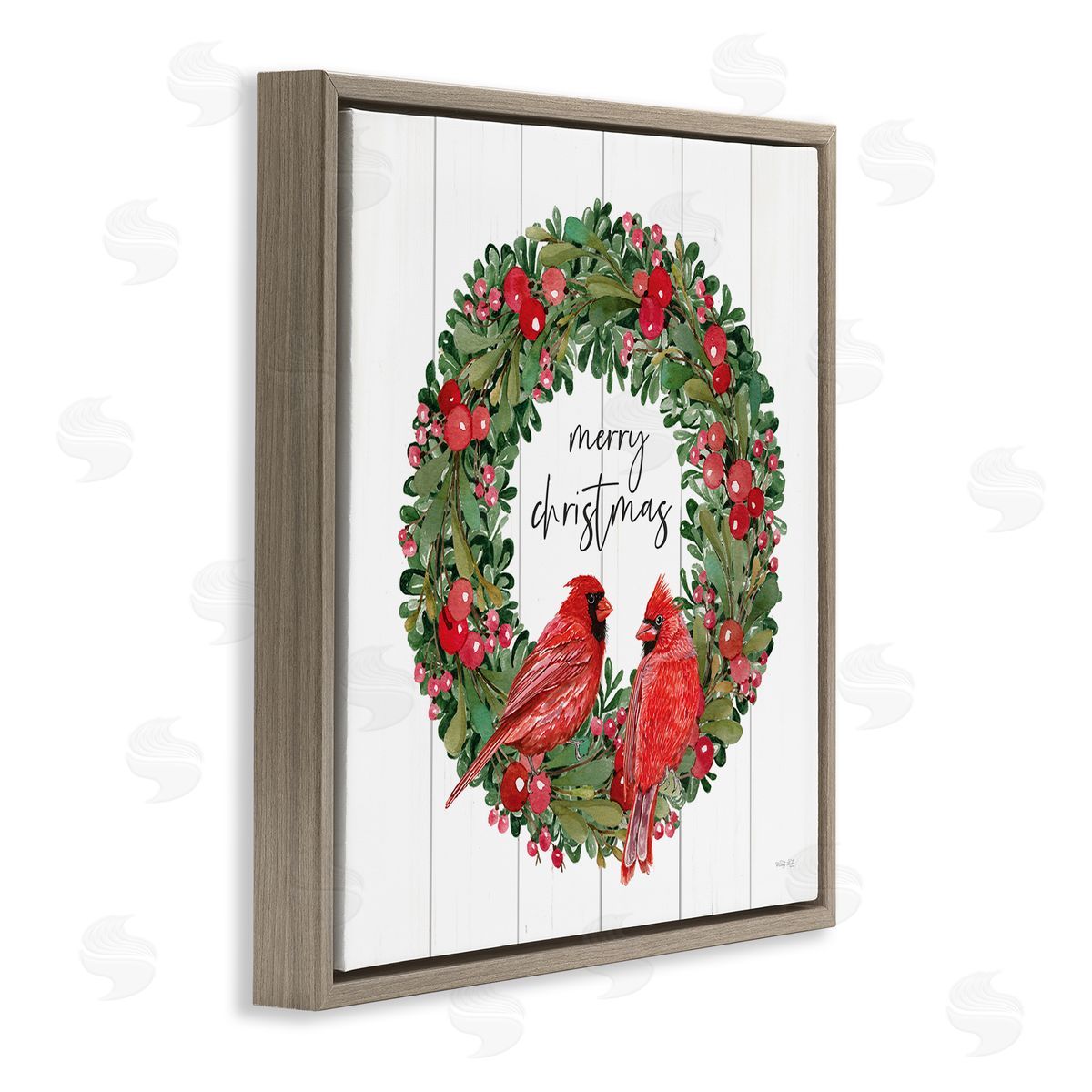 Cindy Jacobs Merry Christmas Red Cardinal Wreath Brown Floating Frame Canvas Wall Art Print