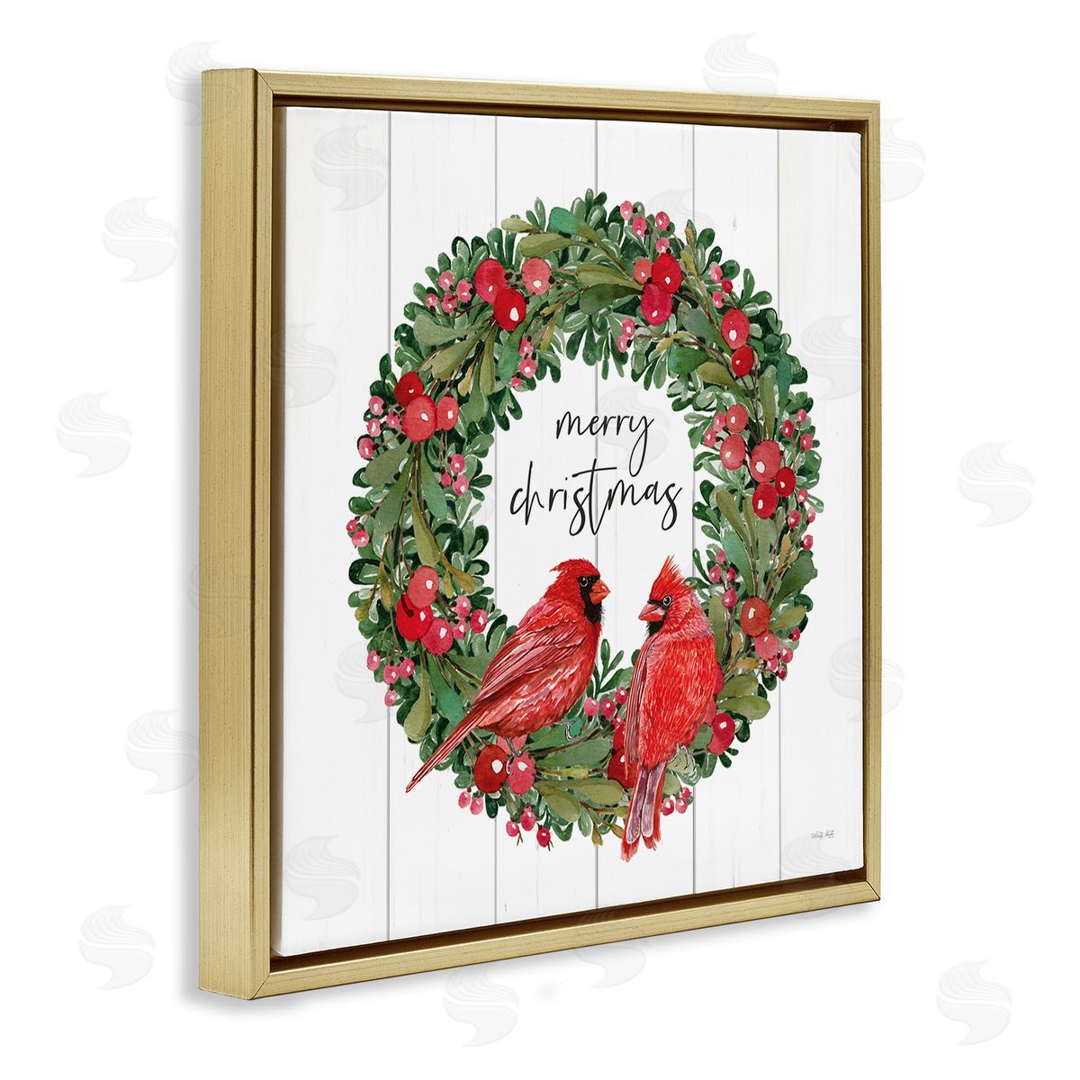 Cindy Jacobs Merry Christmas Red Cardinal Wreath Gold Floating Frame Canvas Wall Art Print