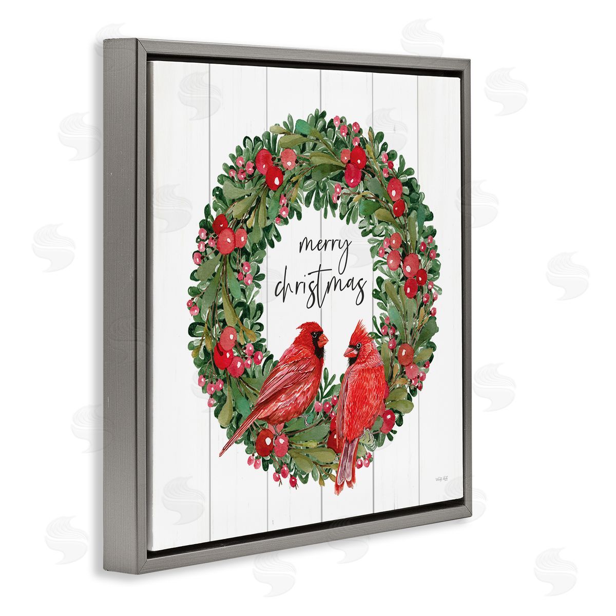 Cindy Jacobs Merry Christmas Red Cardinal Wreath Gray Floating Frame Canvas Wall Art Print