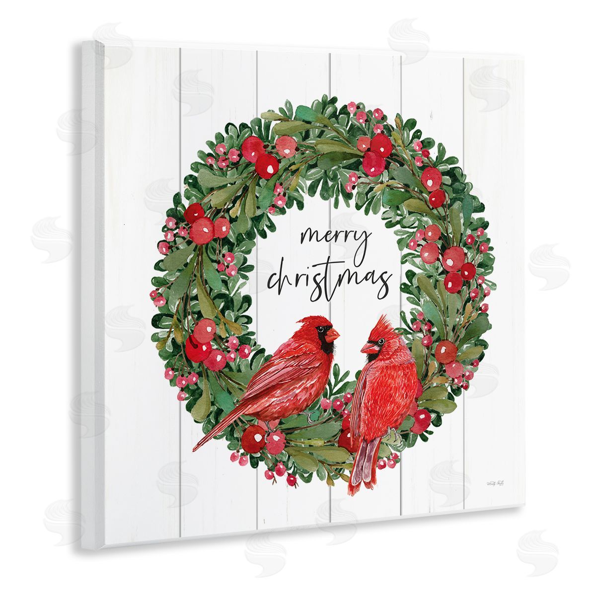 Cindy Jacobs Merry Christmas Red Cardinal Wreath Wooden Wall Plaque Art Print