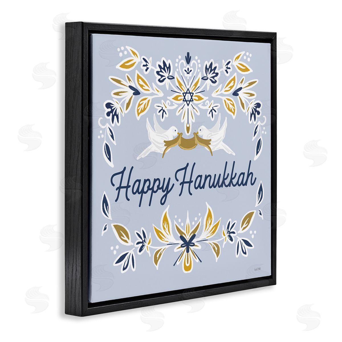 House Fenway Happy Hanukkah Floral Doves Banner Black Floating Frame Canvas Wall Art Print