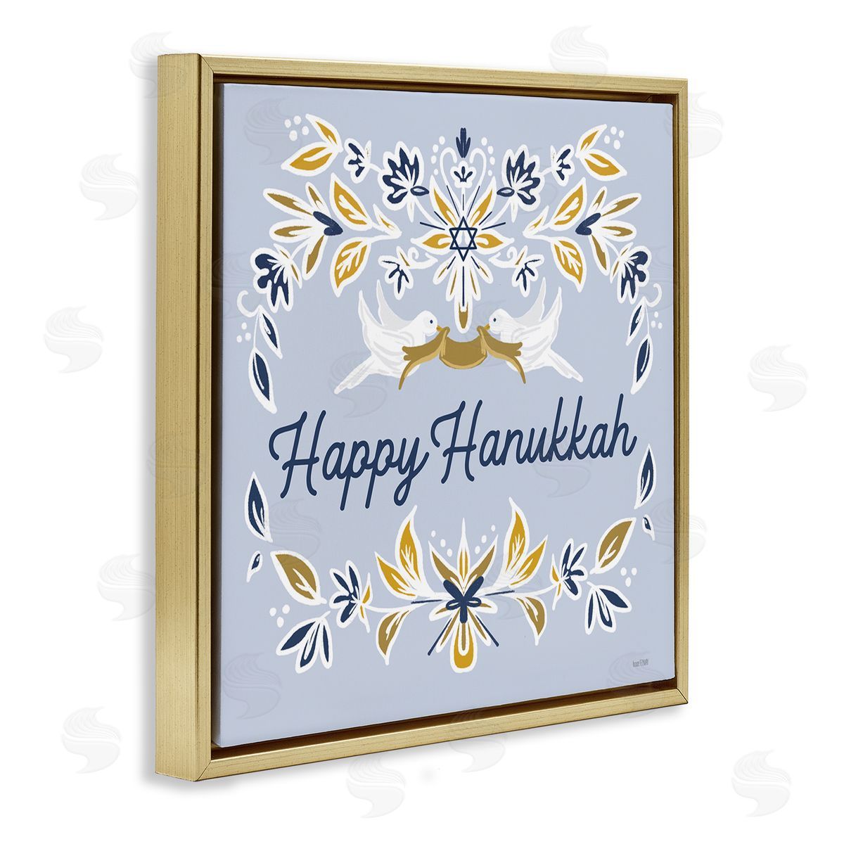 House Fenway Happy Hanukkah Floral Doves Banner Gold Floating Frame Canvas Wall Art Print