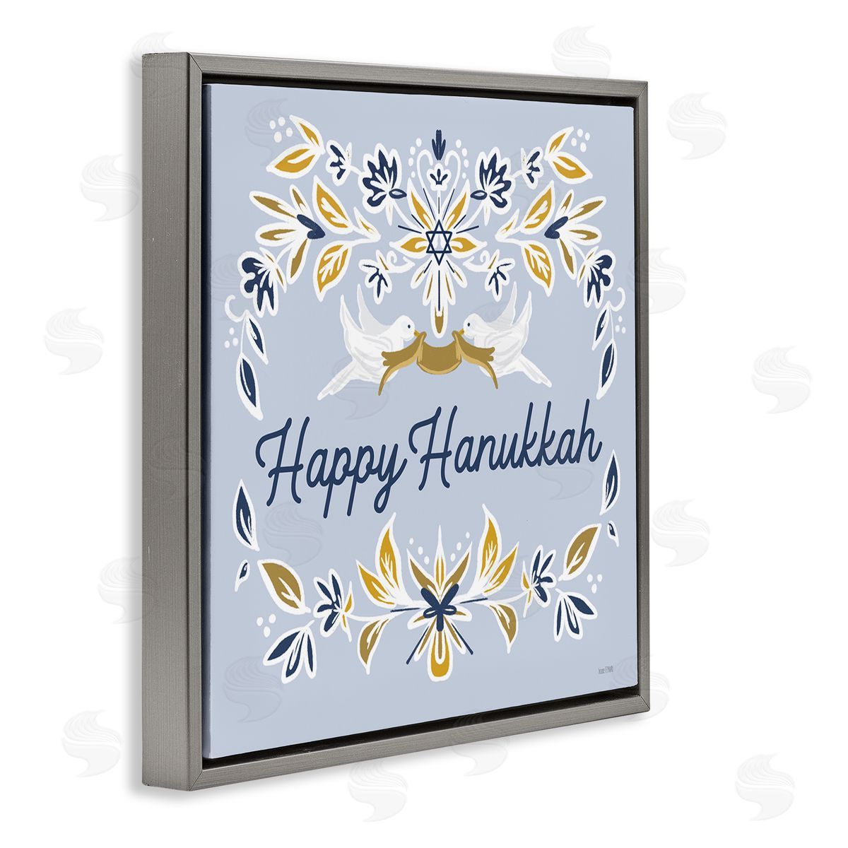 House Fenway Happy Hanukkah Floral Doves Banner Gray Floating Frame Canvas Wall Art Print