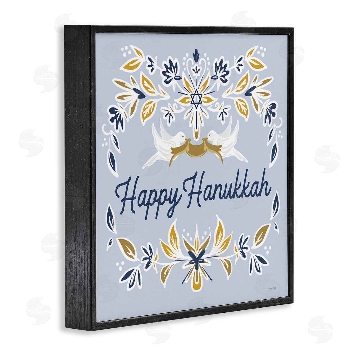 House Fenway Happy Hanukkah Floral Doves Banner Black Framed Glicee Wall Art Print