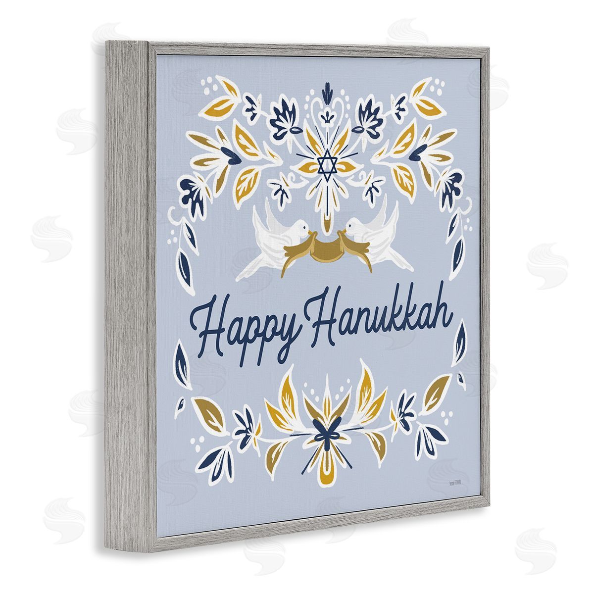 House Fenway Happy Hanukkah Floral Doves Banner Gray Framed Glicee Wall Art Print