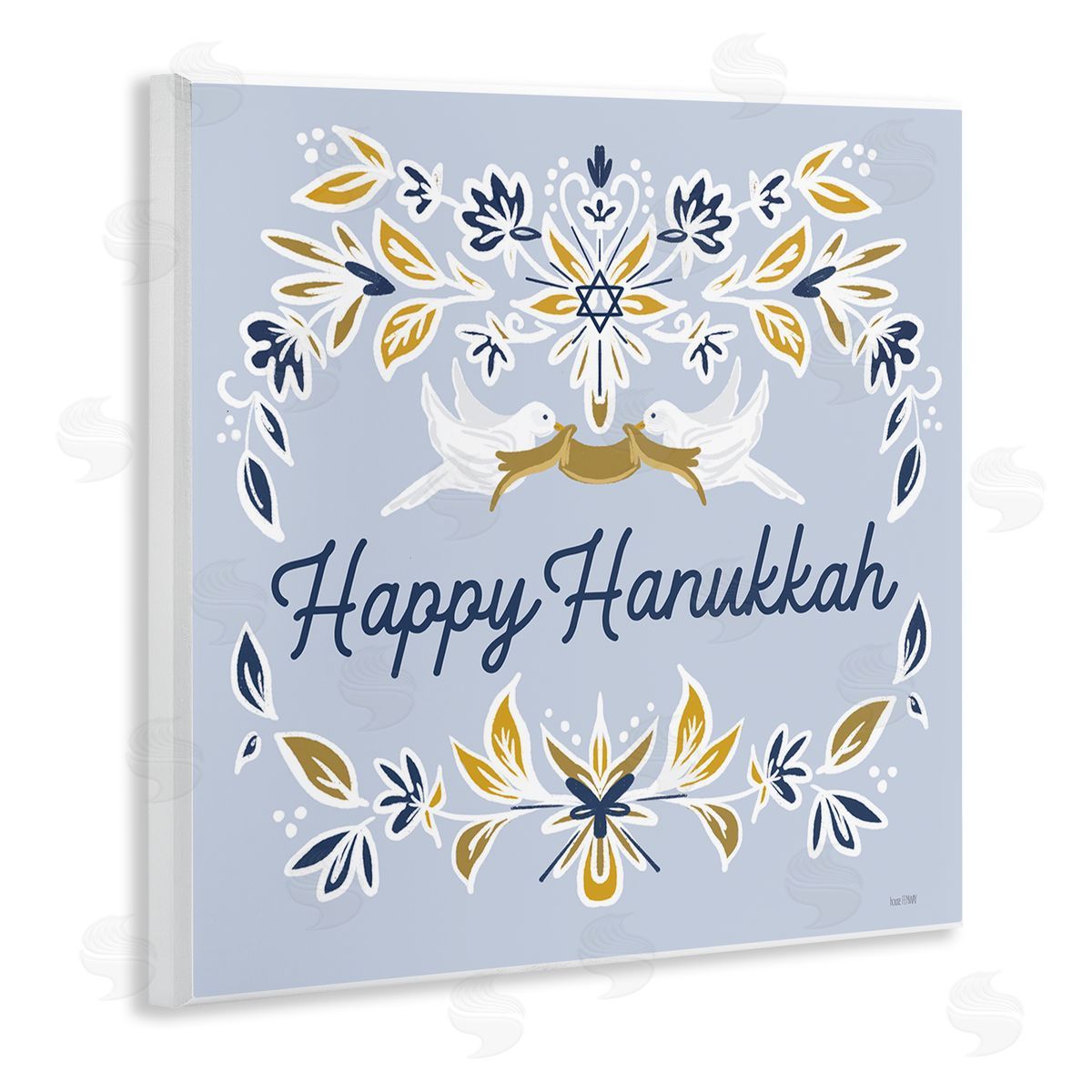 House Fenway Happy Hanukkah Floral Doves Banner Wooden Wall Plaque Art Print