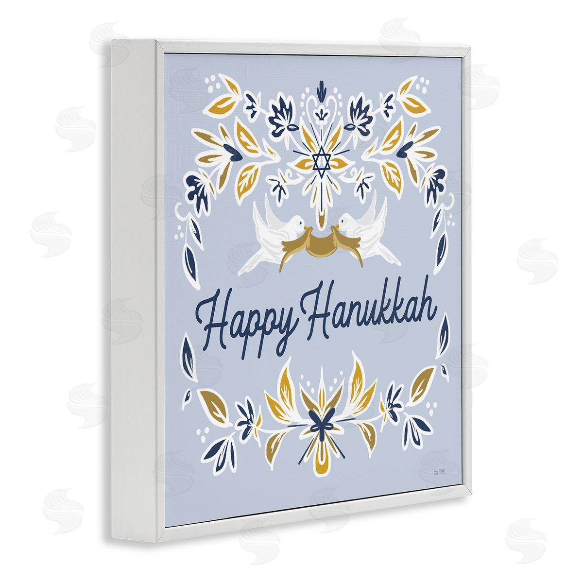 House Fenway Happy Hanukkah Floral Doves Banner White Framed Glicee Wall Art Print