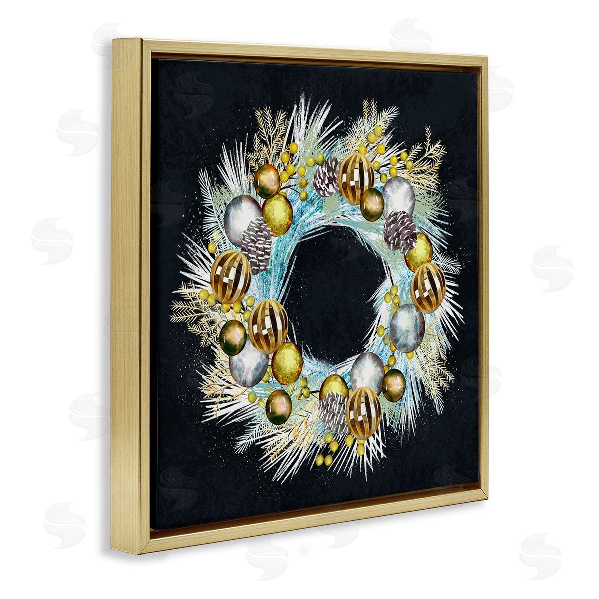 Ziwei Li Gleaming Seasonal Pine Wreath  Gold Floating Frame Canvas Wall Art Print