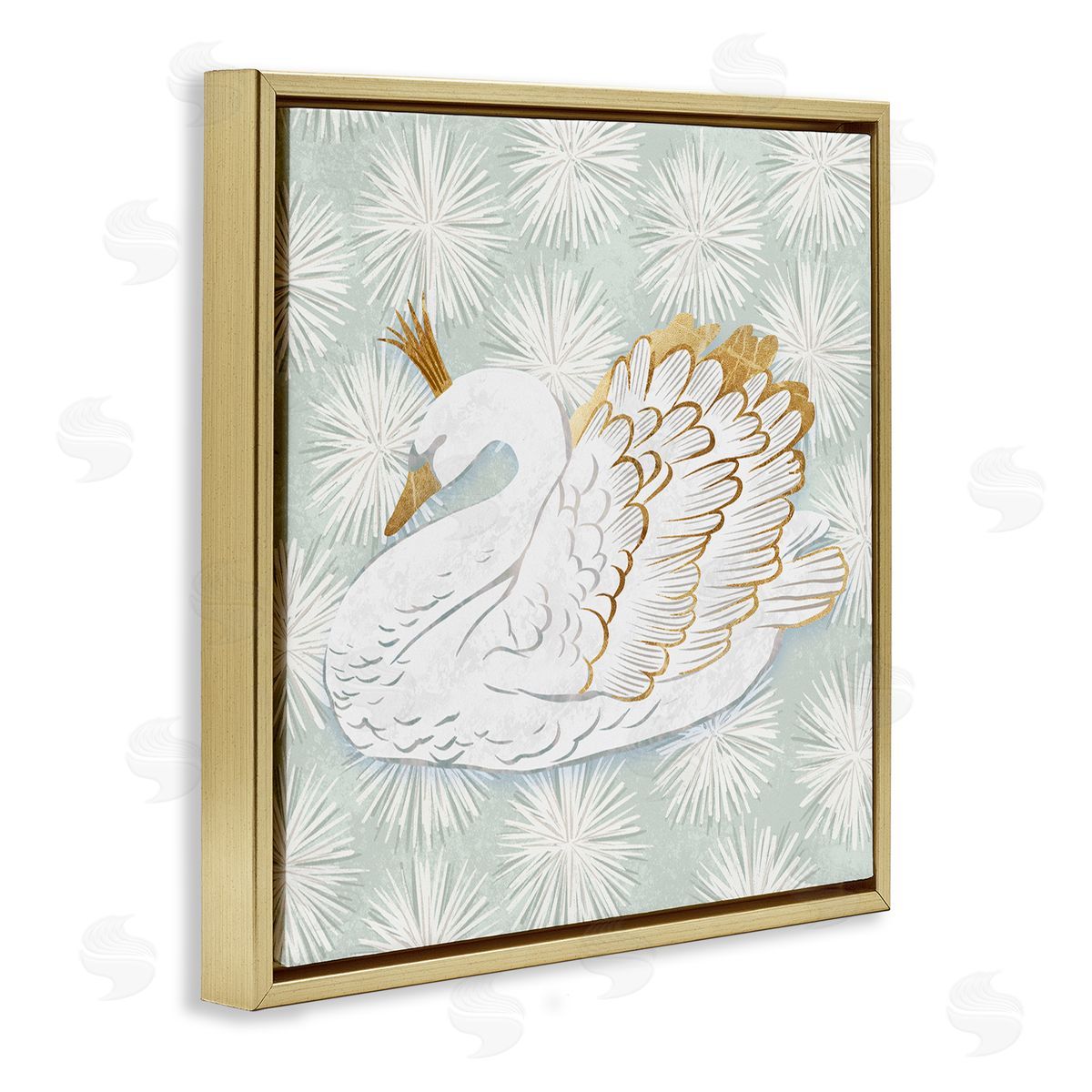 Ziwei Li Winter Holiday Swan Pattern Gold Floating Frame Canvas Wall Art Print