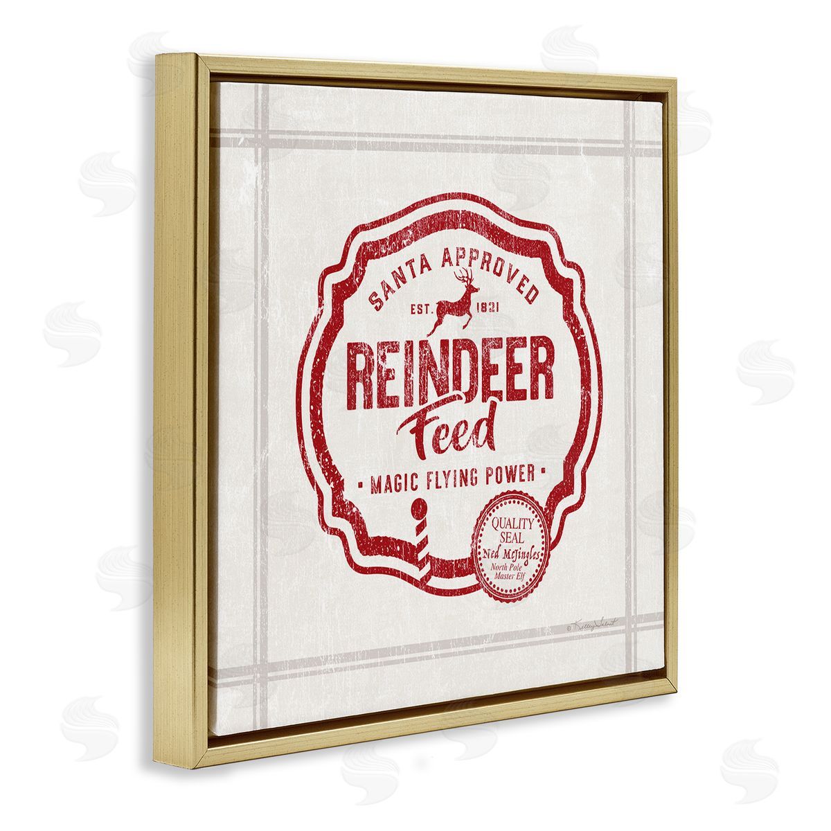 Kelley Talent Vintage Christmas Reindeer Feed Gold Floating Frame Canvas Wall Art Print