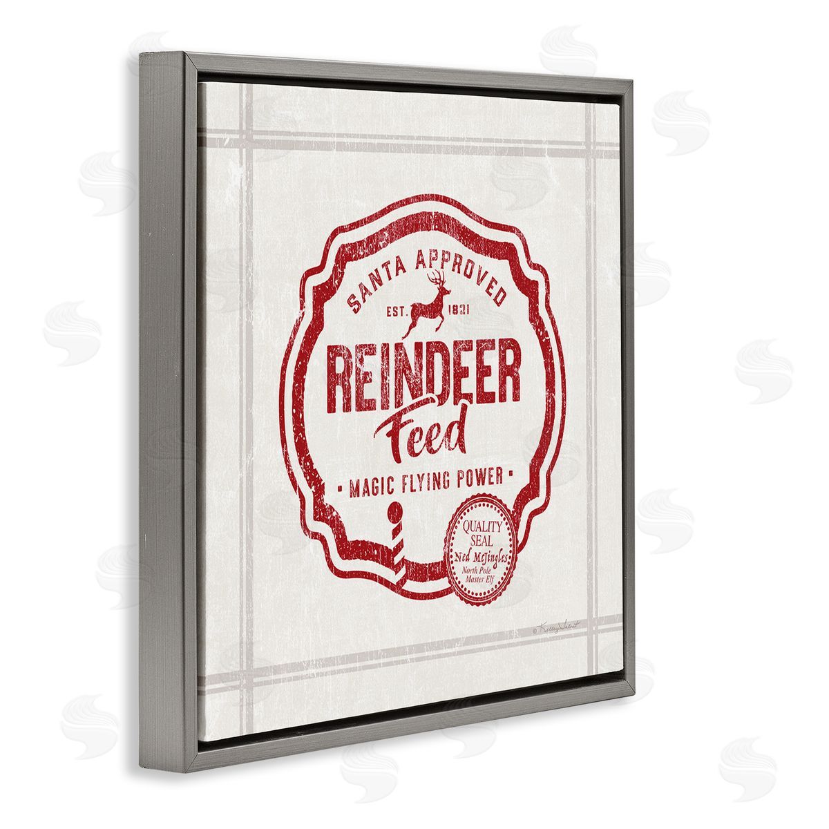 Kelley Talent Vintage Christmas Reindeer Feed Gray Floating Frame Canvas Wall Art Print