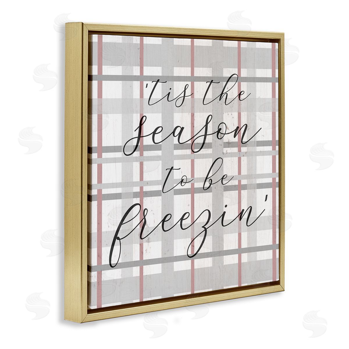 Stupell Studio 'Tis The Season To Be Freezin' Winter Plaid Gold Floating Frame Canvas Wall Art Print