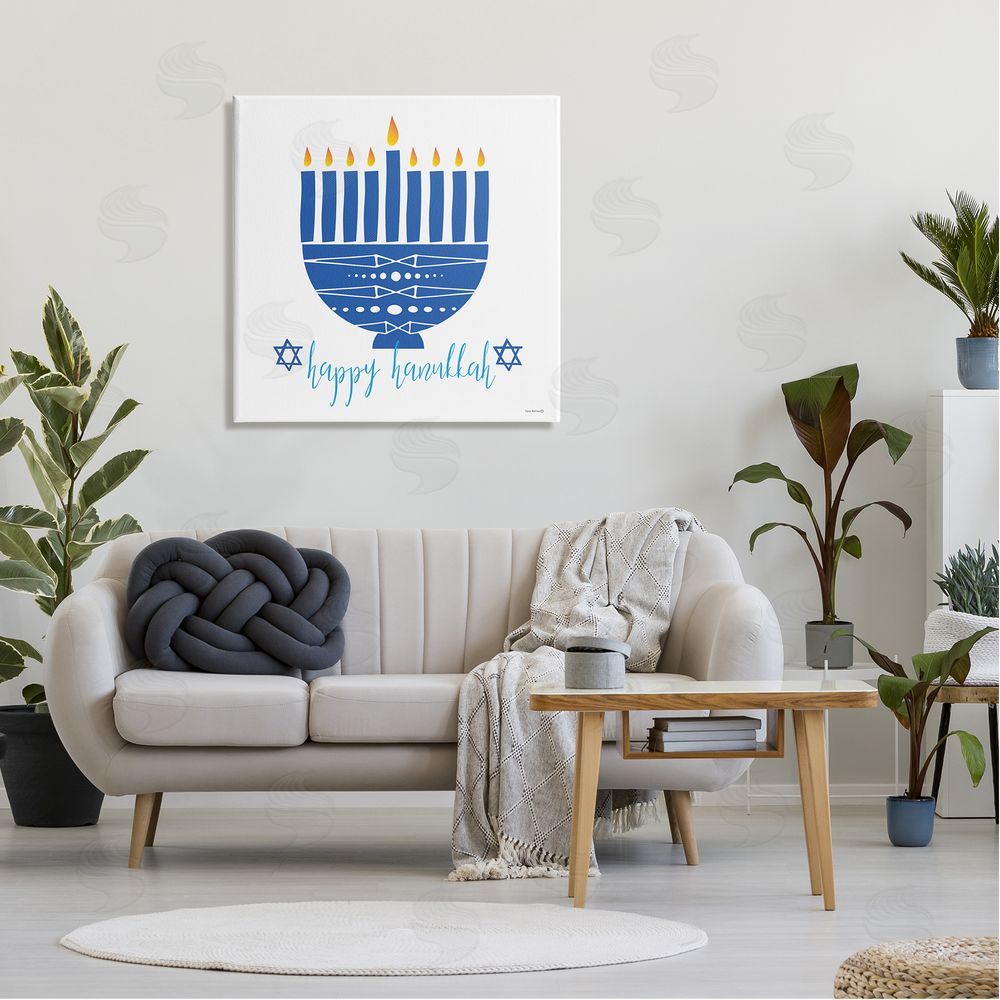 Yass Naffas Designs Happy Hanukkah Patterned Blue Menorah Canvas Wall Art in Room