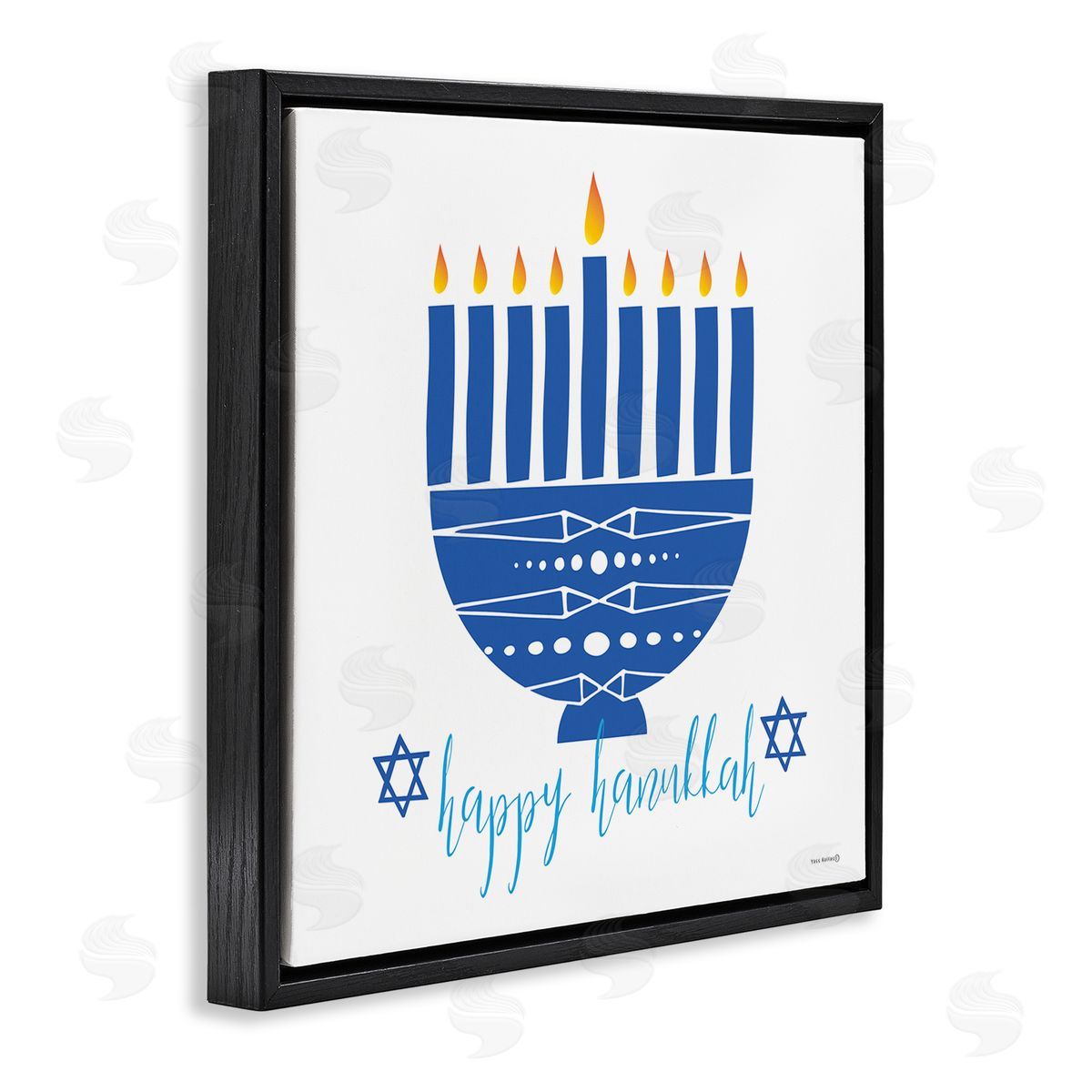 Yass Naffas Designs Happy Hanukkah Patterned Blue Menorah Black Floating Frame Canvas Wall Art Print