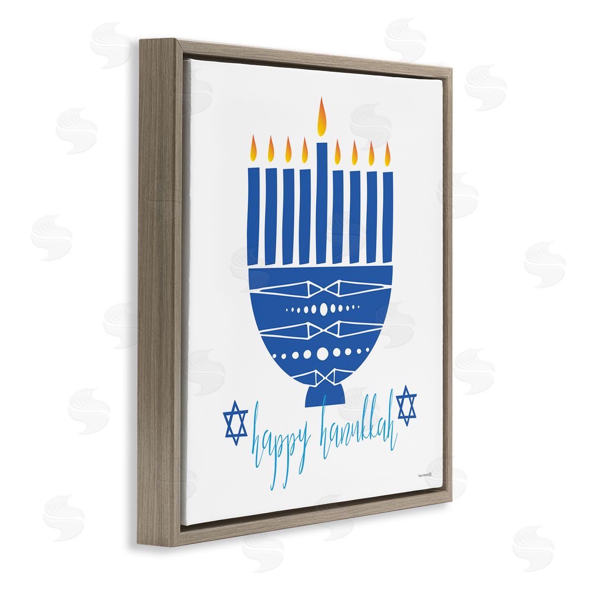 Yass Naffas Designs Happy Hanukkah Patterned Blue Menorah Brown Floating Frame Canvas Wall Art Print