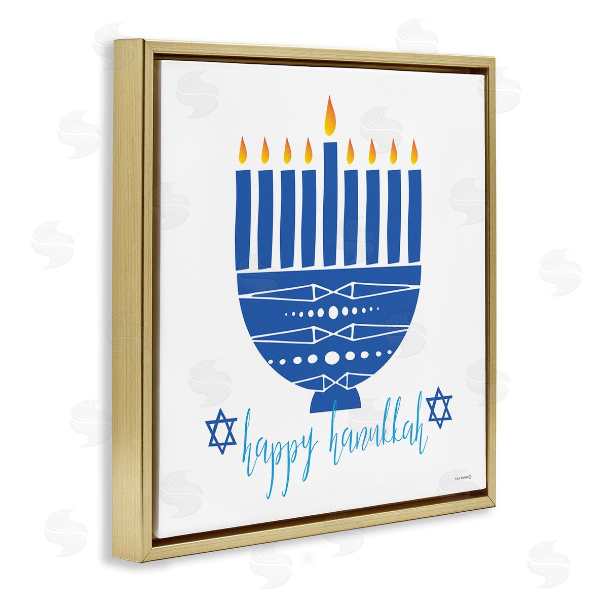 Yass Naffas Designs Happy Hanukkah Patterned Blue Menorah Gold Floating Frame Canvas Wall Art Print