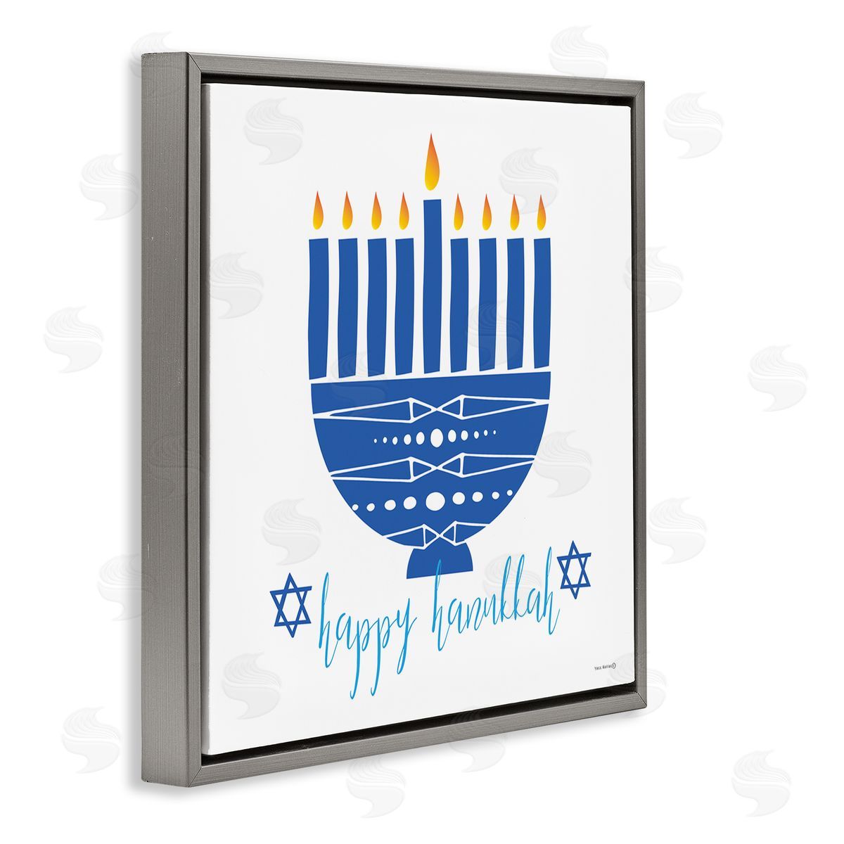 Yass Naffas Designs Happy Hanukkah Patterned Blue Menorah Gray Floating Frame Canvas Wall Art Print