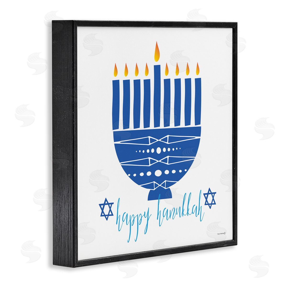 Yass Naffas Designs Happy Hanukkah Patterned Blue Menorah Black Framed Glicee Wall Art Print