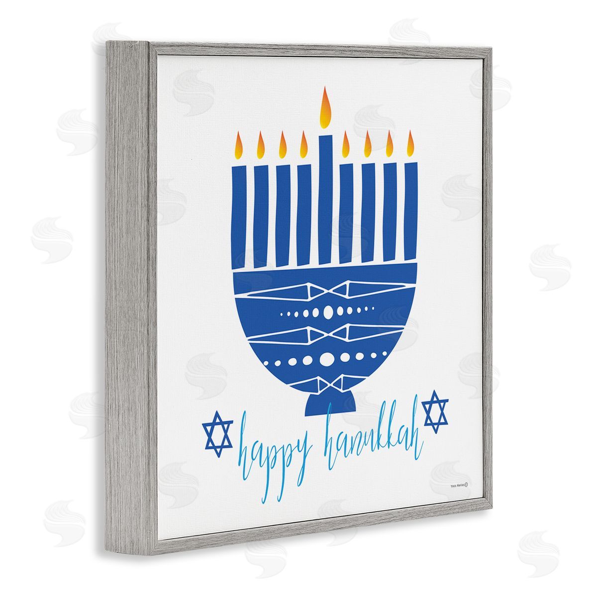 Yass Naffas Designs Happy Hanukkah Patterned Blue Menorah Gray Framed Glicee Wall Art Print