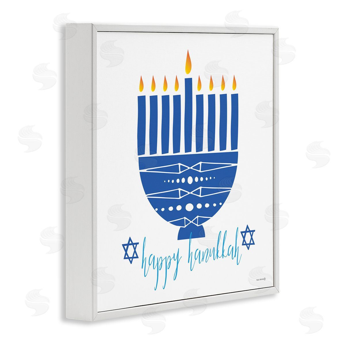 Yass Naffas Designs Happy Hanukkah Patterned Blue Menorah White Framed Glicee Wall Art Print
