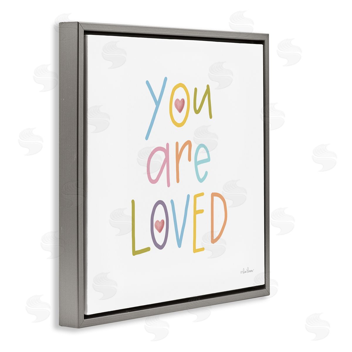 Lisa Larson You Are Loved Soft Rainbow Hearts Gray Floating Frame Canvas Wall Art Print