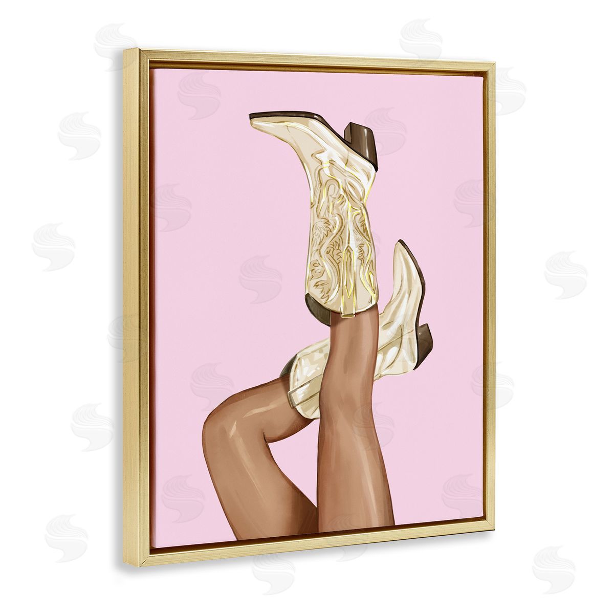 Pink Country Cowgirl Boots Gold Floating Frame Canvas Wall Art, Home Decor by Ziwei Li