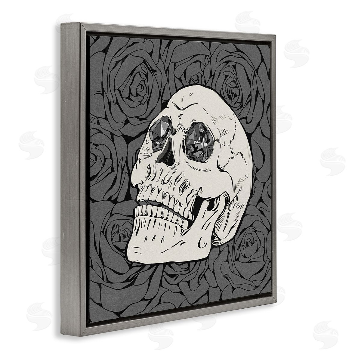 Ziwei Li Crystal Eyes Skull Goth Roses Gray Floating Frame Canvas Wall Art Print