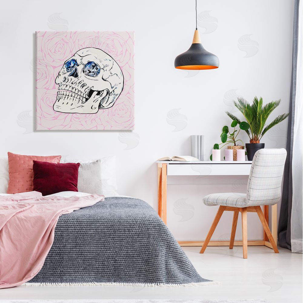 Ziwei Li Pink Roses Crystal Eyes Skull Canvas Wall Art in Room