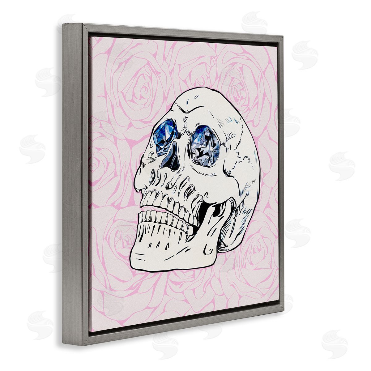 Ziwei Li Pink Roses Crystal Eyes Skull Gray Floating Frame Canvas Wall Art Print