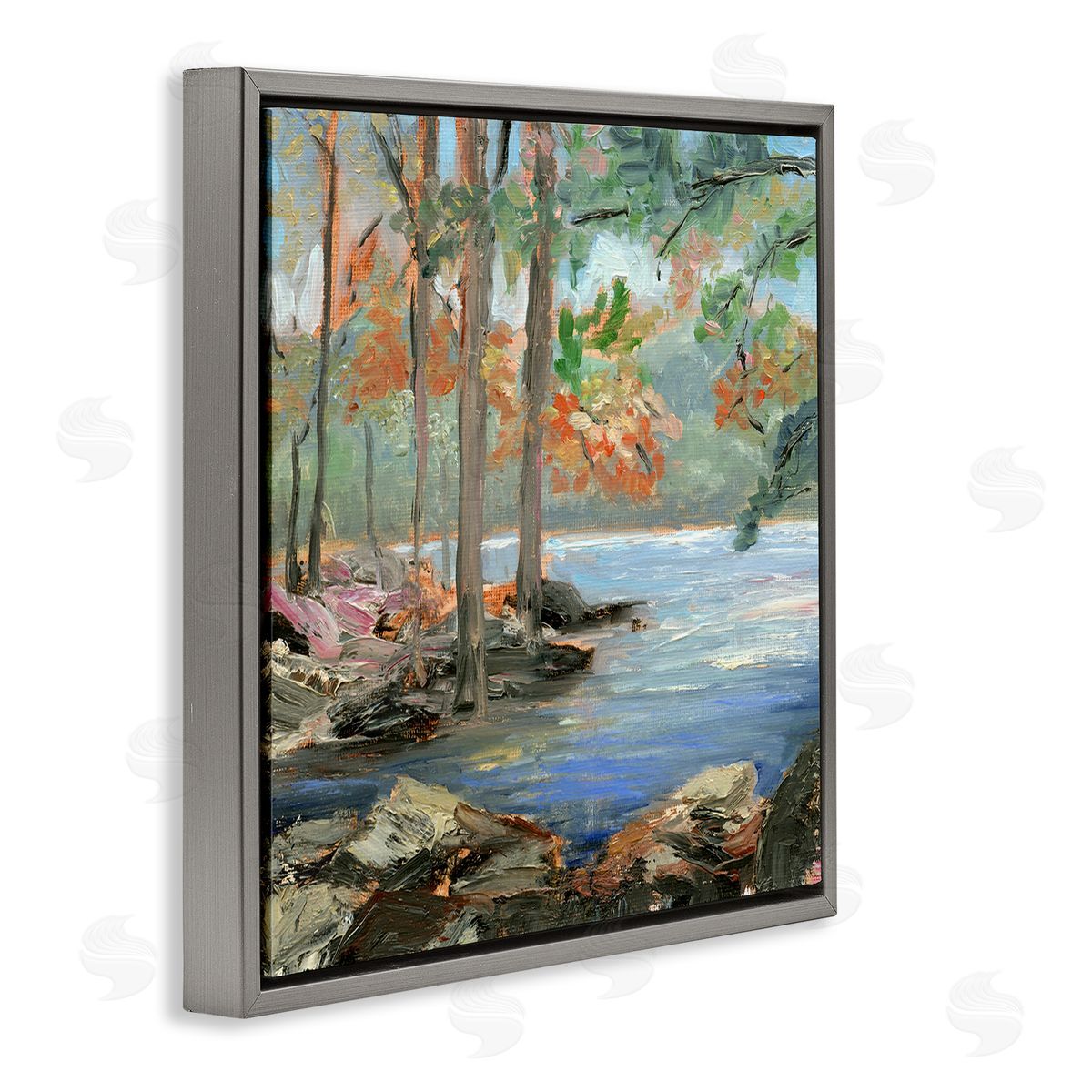 Woodland Creek Looming Trees Grey Floating Frame Canvas Wall Art, Home Decor by Sandra Iafrate