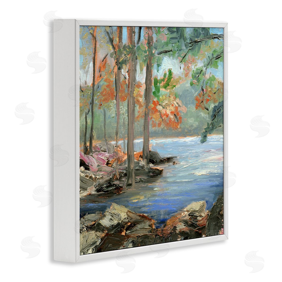 Woodland Creek Looming Trees White Frame Print Wall Art, Home Decor by Sandra Iafrate