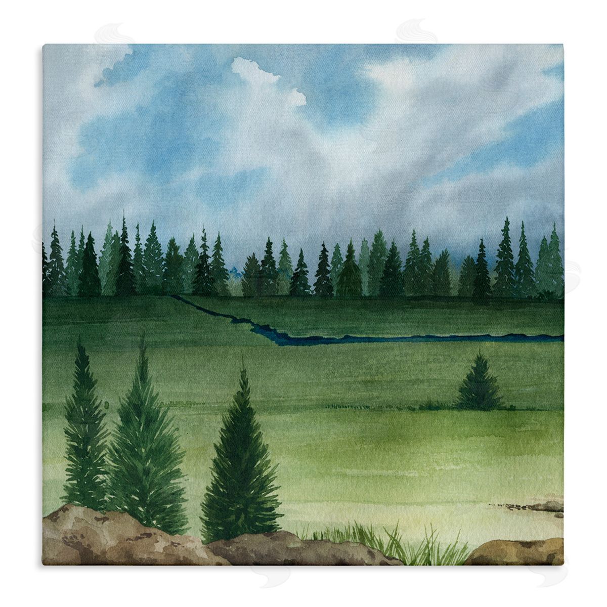 Grace Popp Distant Stream Grassland Trees Stretched Canvas Wall Art Print