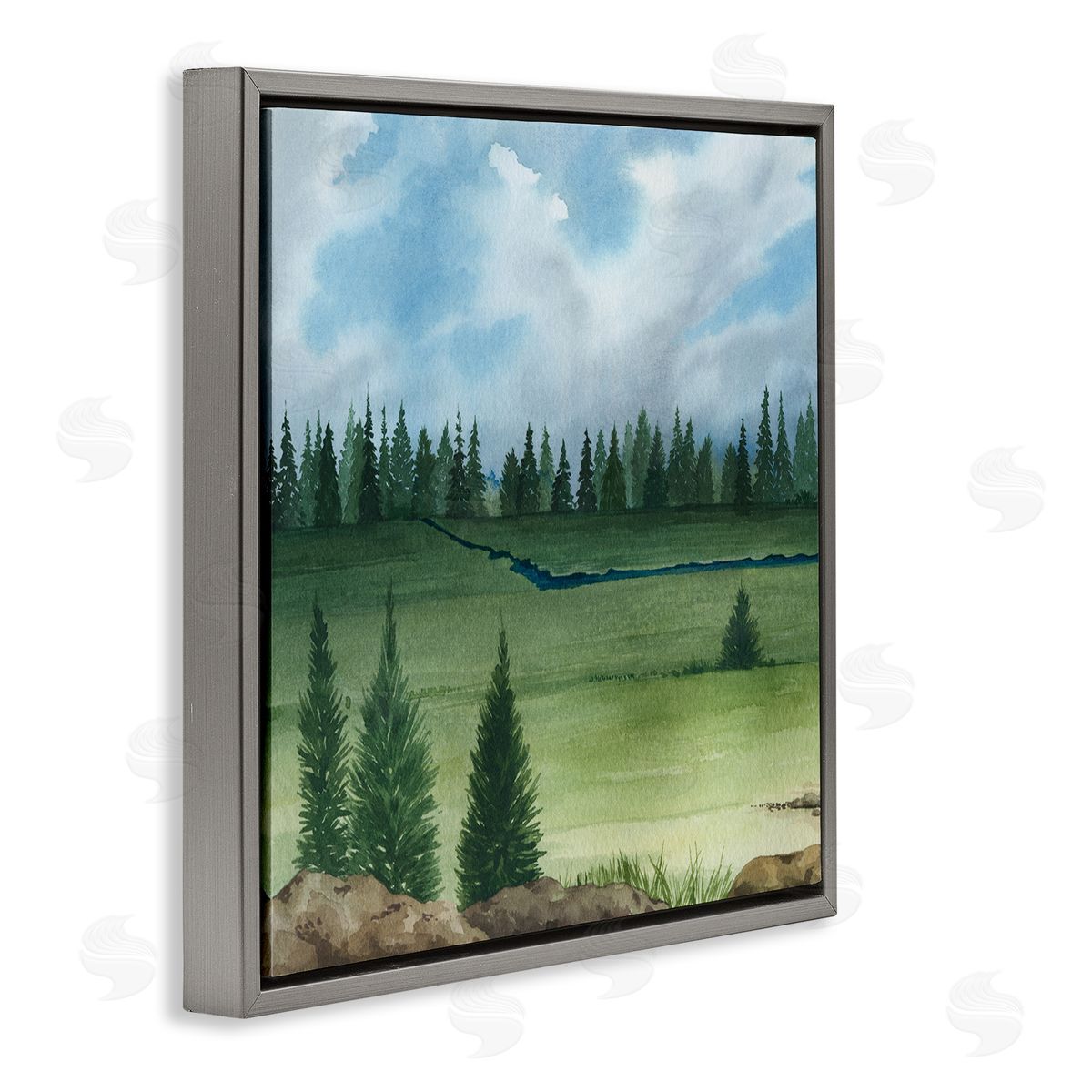 Grace Popp Distant Stream Grassland Trees Gray Floating Frame Canvas Wall Art Print