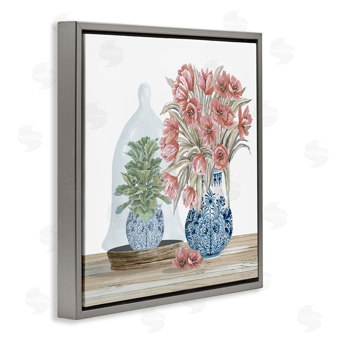 Cindy Jacobs Floral Arrangement Ornate Vase Gray Floating Frame Canvas Wall Art Print