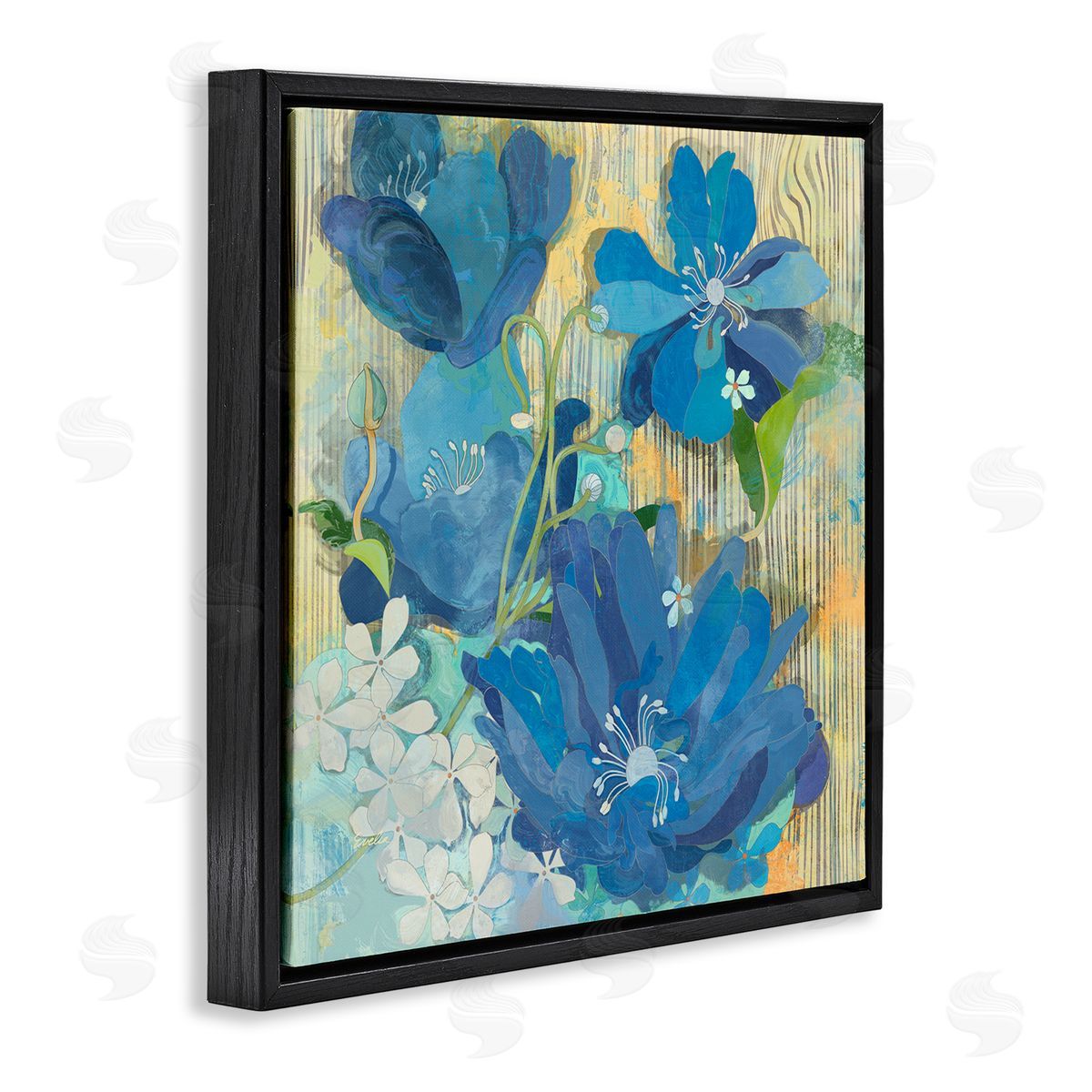 Evelia Designs Modern Blue Geraniums Patterned Black Floating Frame Canvas Wall Art Print