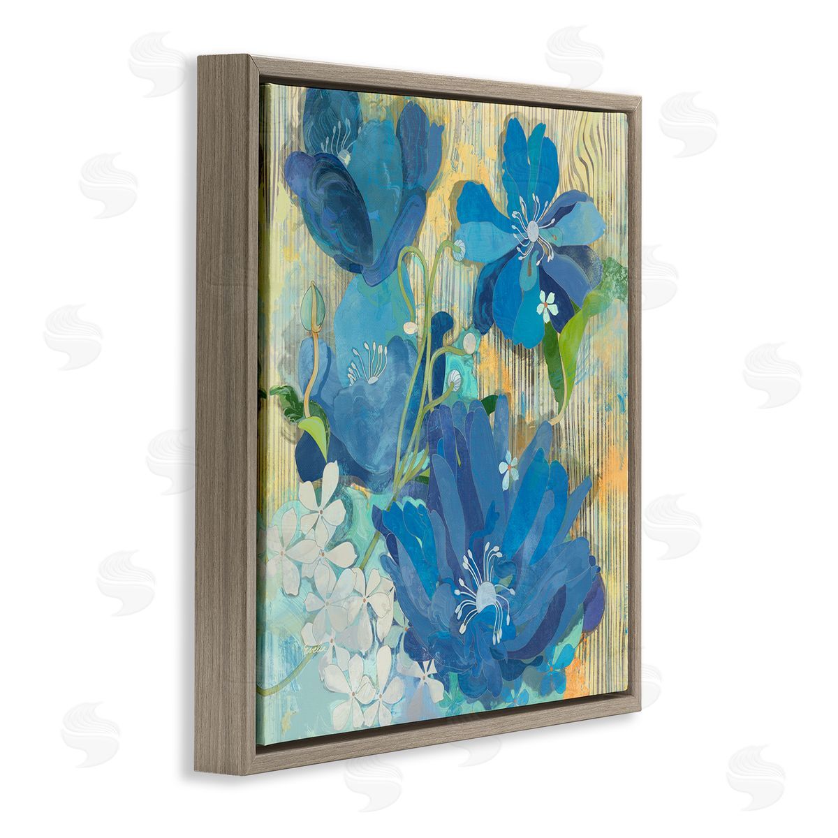 Evelia Designs Modern Blue Geraniums Patterned Brown Floating Frame Canvas Wall Art Print