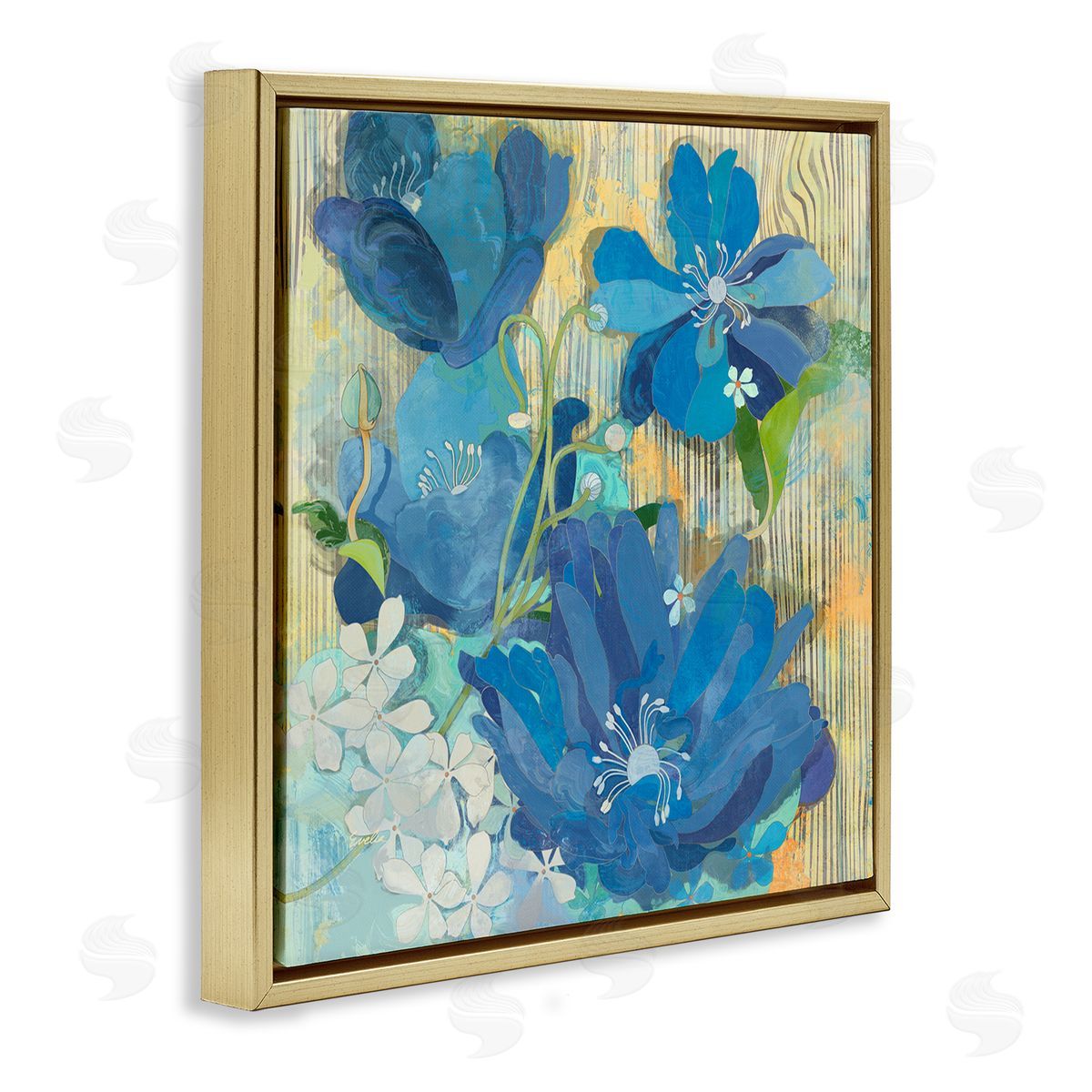 Evelia Designs Modern Blue Geraniums Patterned Gold Floating Frame Canvas Wall Art Print