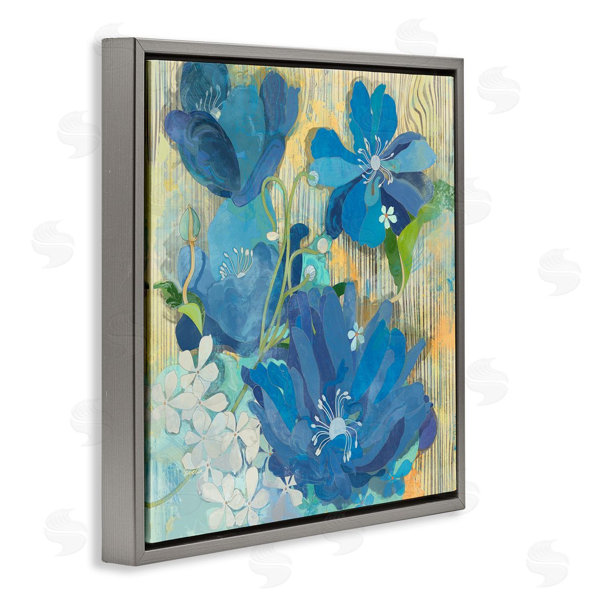 Evelia Designs Modern Blue Geraniums Patterned Gray Floating Frame Canvas Wall Art Print