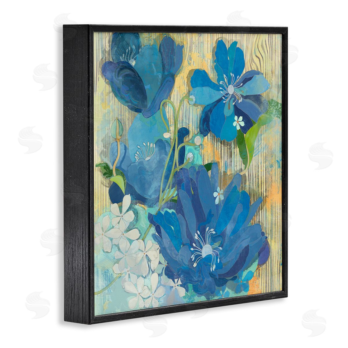 Evelia Designs Modern Blue Geraniums Patterned Black Framed Glicee Wall Art Print