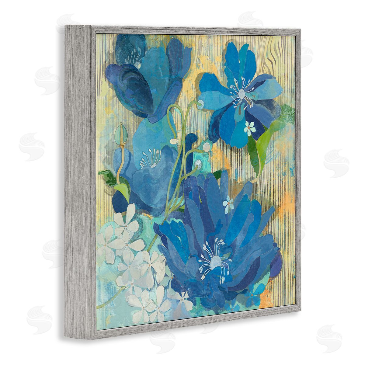Evelia Designs Modern Blue Geraniums Patterned Gray Framed Glicee Wall Art Print