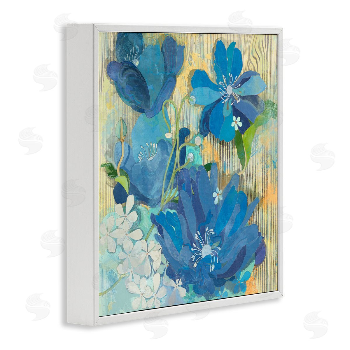 Evelia Designs Modern Blue Geraniums Patterned White Framed Glicee Wall Art Print