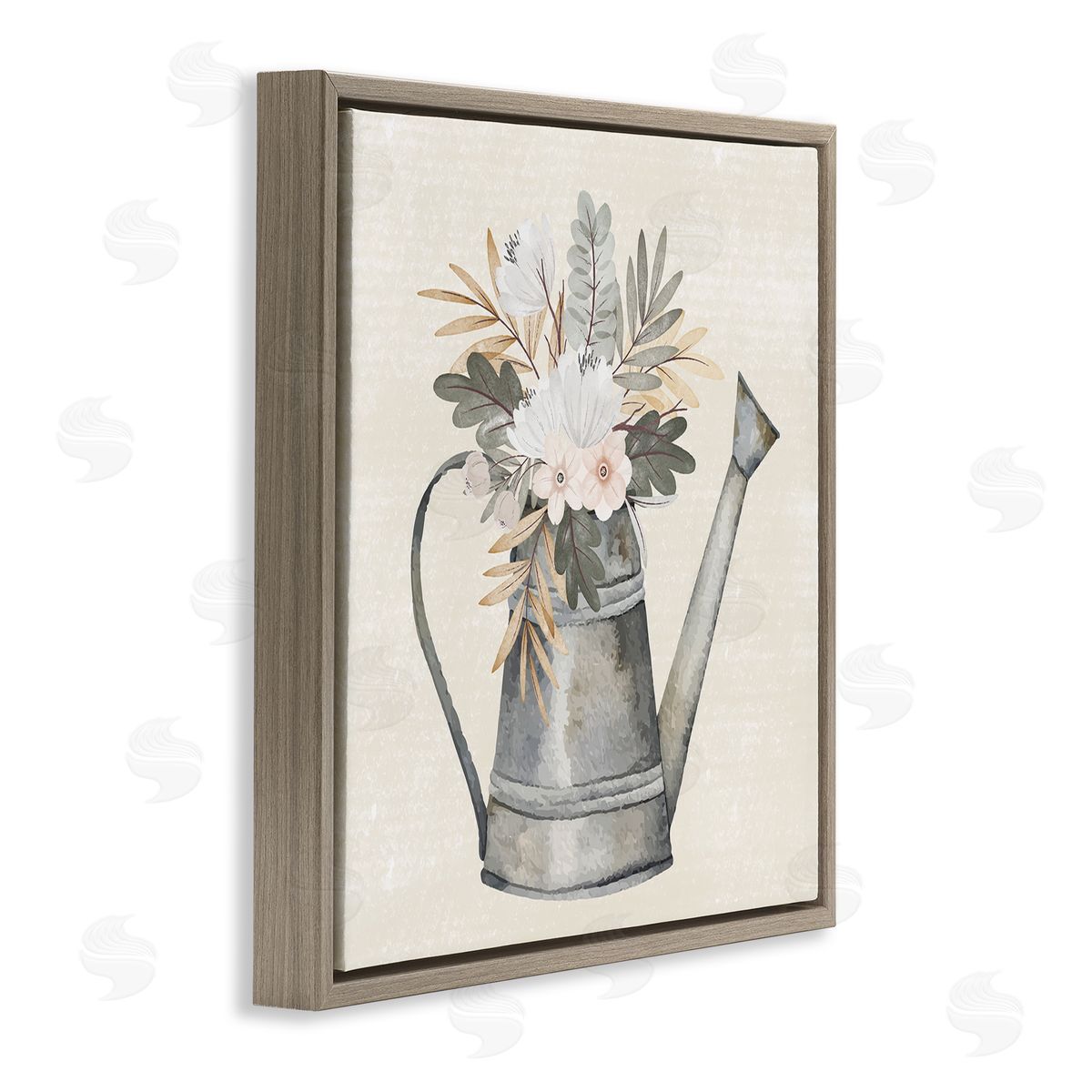 Nicole DeCamp Country Botanical Watering Can Bouquet Brown Floating Frame Canvas Wall Art Print